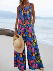 Butterfly Print Wide Leg Jumpsuit Casual Backless Jumpsuit