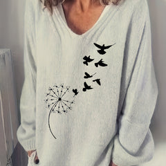 Dandelion & Bird V-Neck Pullover Sweater Women's Clothing