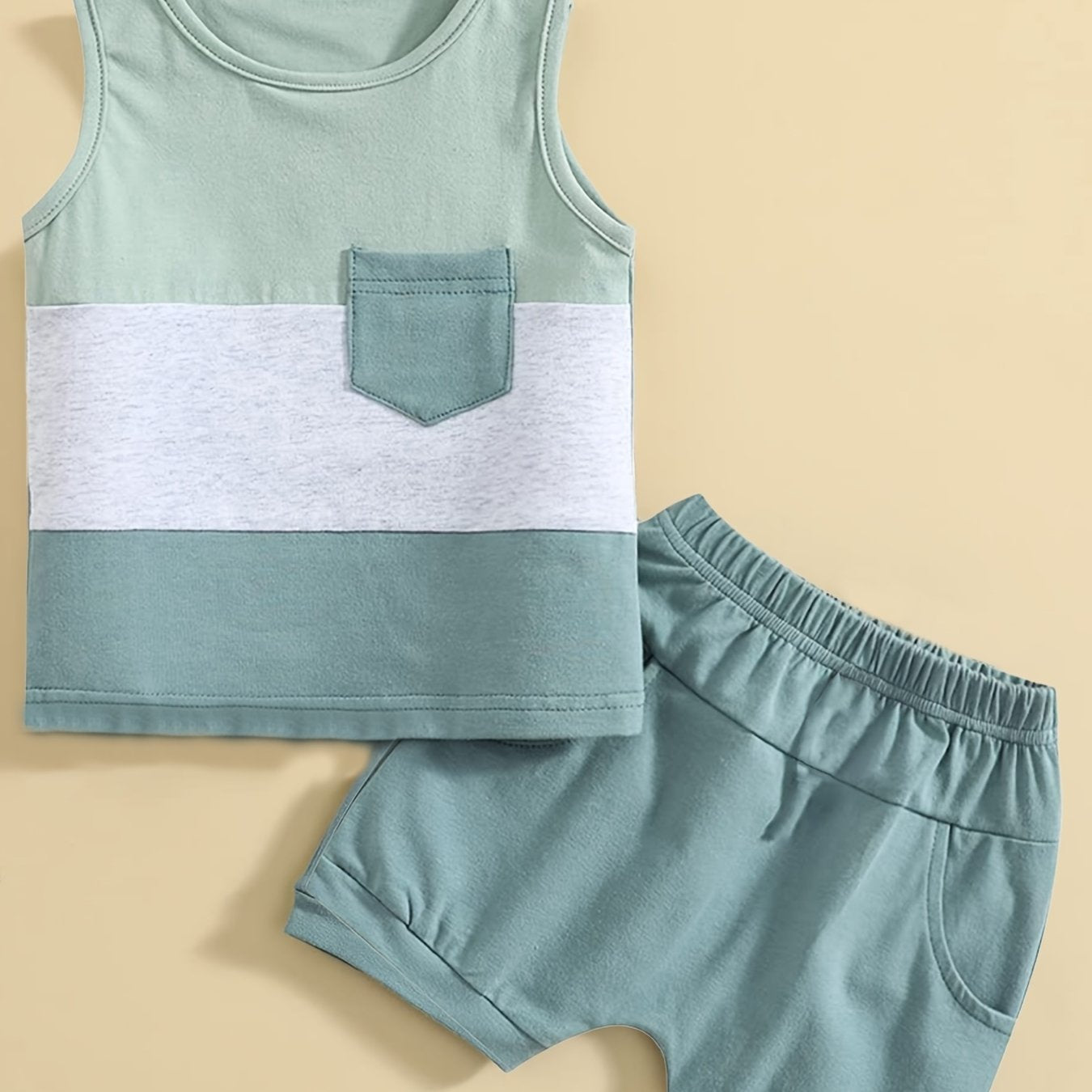 Baby Boys Block Outfit Sleeveless Round Neck Vest & Shorts Casual For Summer
