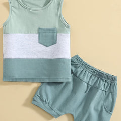 Baby Boys Block Outfit Sleeveless Round Neck Vest & Shorts Casual For Summer
