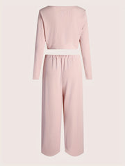 Solid Ribbed Crop Top & Wide Leg Pants Set