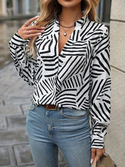 Women's Stripe Print Long Sleeve Notched Neck Blouse