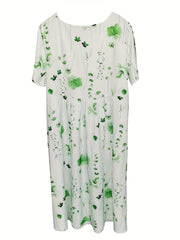 Leaf Print Short Sleeve Maxi Dress With Pockets