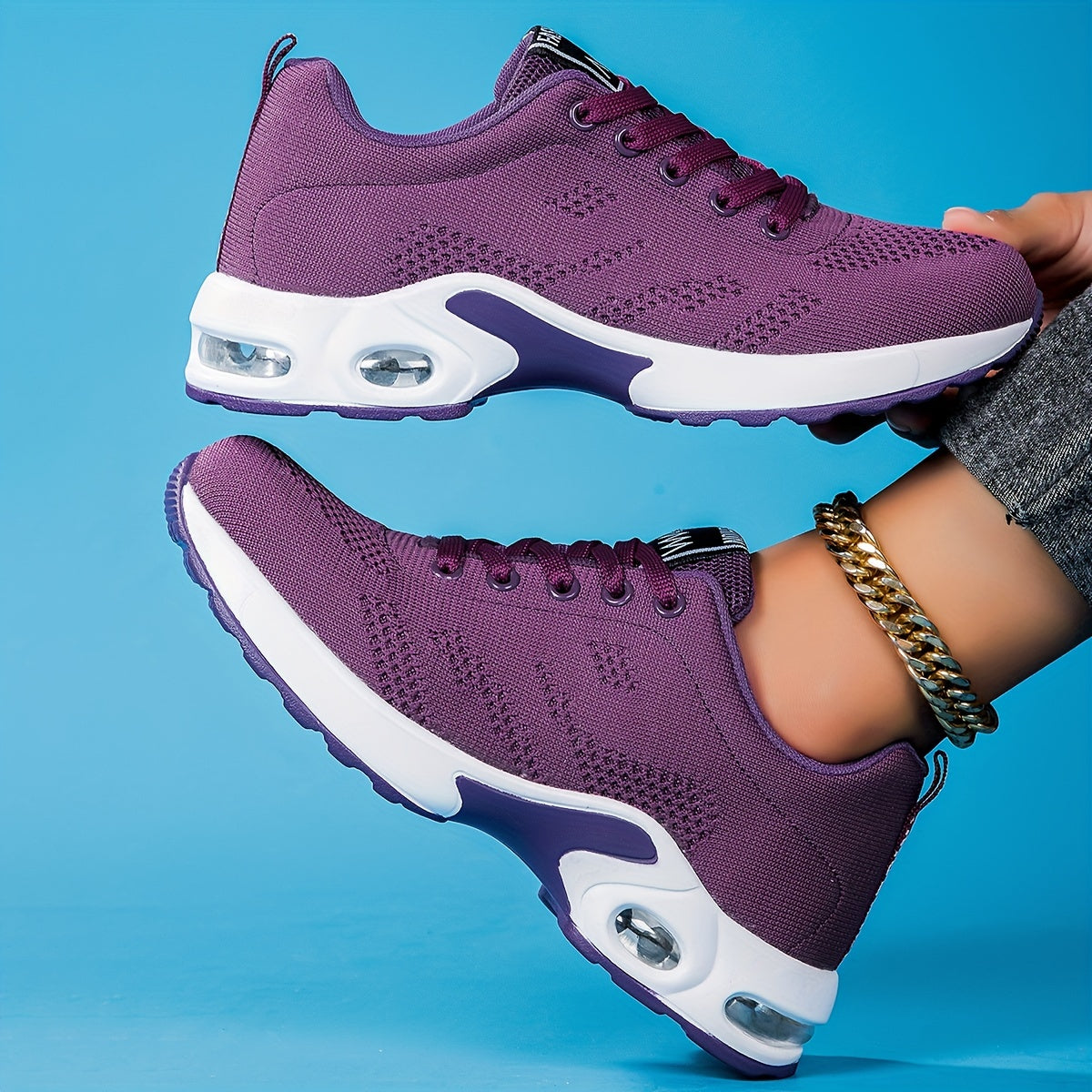 Women's Air Cushion Sneakers Flying Woven Running Shoes Lace Up