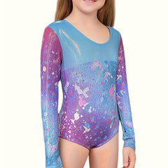 Girls Gradient Graffiti Print Long Sleeve Gymnastics Suit