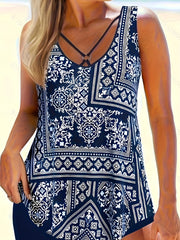 Boho Tankini Set Women's Plus Scarf Print Round Neck Tank Top & Shorts Swimsuit