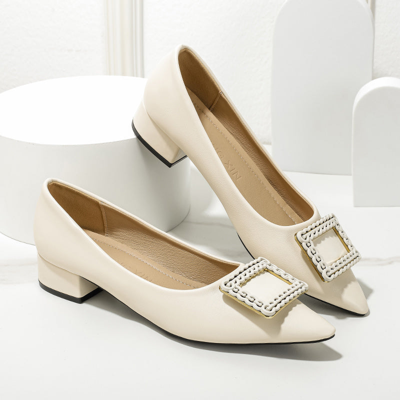 Women's Buckle Decor Slip-On Point Toe Block Heel Shoes
