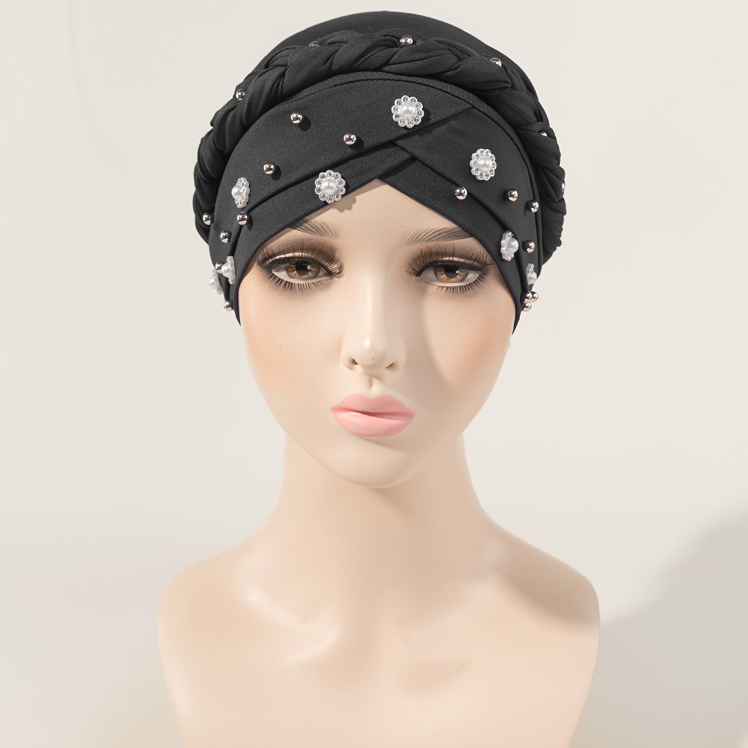 Faux Pearl Flower Turban Cap Braided Twist Head Wrap Head Scarf