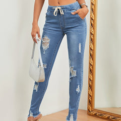Distressed Denim Pants Raw Trim Drawstring Elastic Waist