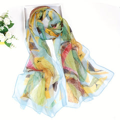 Chiffon Scarf Leaf Print Geometric Block Shawl Vintage Head Wrap