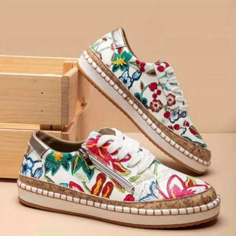 Floral Print Flat Sneakers Lace Up Low Top PU Leather Walking Shoes