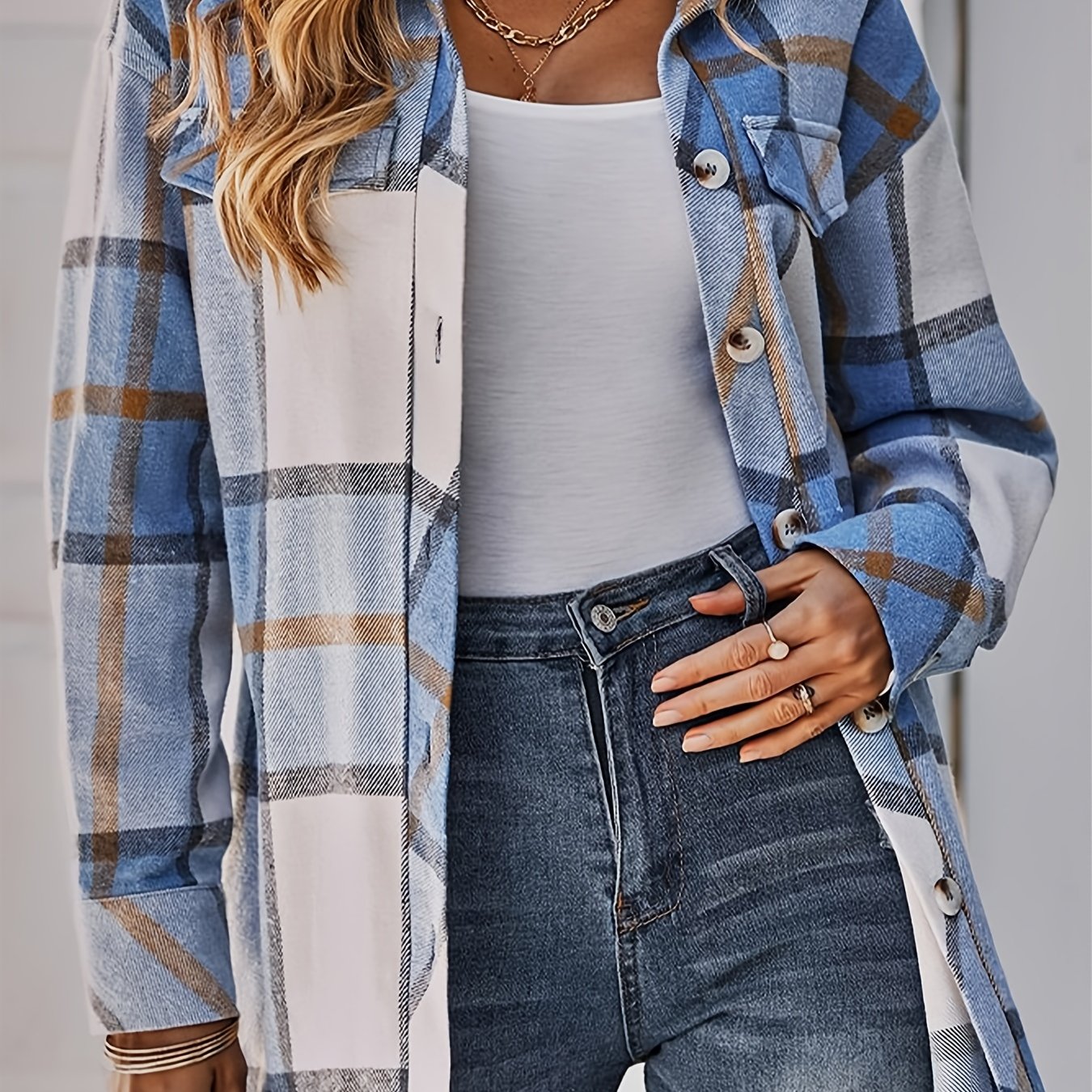 Plaid Print Button Up Long Sleeve Turn Down Collar Shacket