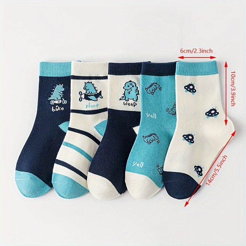 5 Pairs Dinosaur Pattern Socks for Kids - Breathable Casual Outdoor Sports Wear