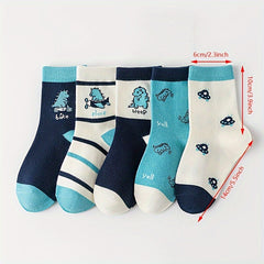 5 Pairs Dinosaur Pattern Socks for Kids - Breathable Casual Outdoor Sports Wear
