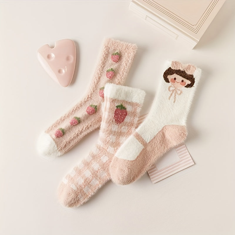 3 Pairs Strawberry Print Socks Women's Stockings