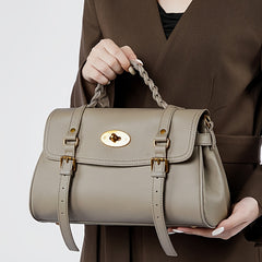 Cowhide Leather Handbag w/ Adjustable Strap & Buckle Closure Khaki C
