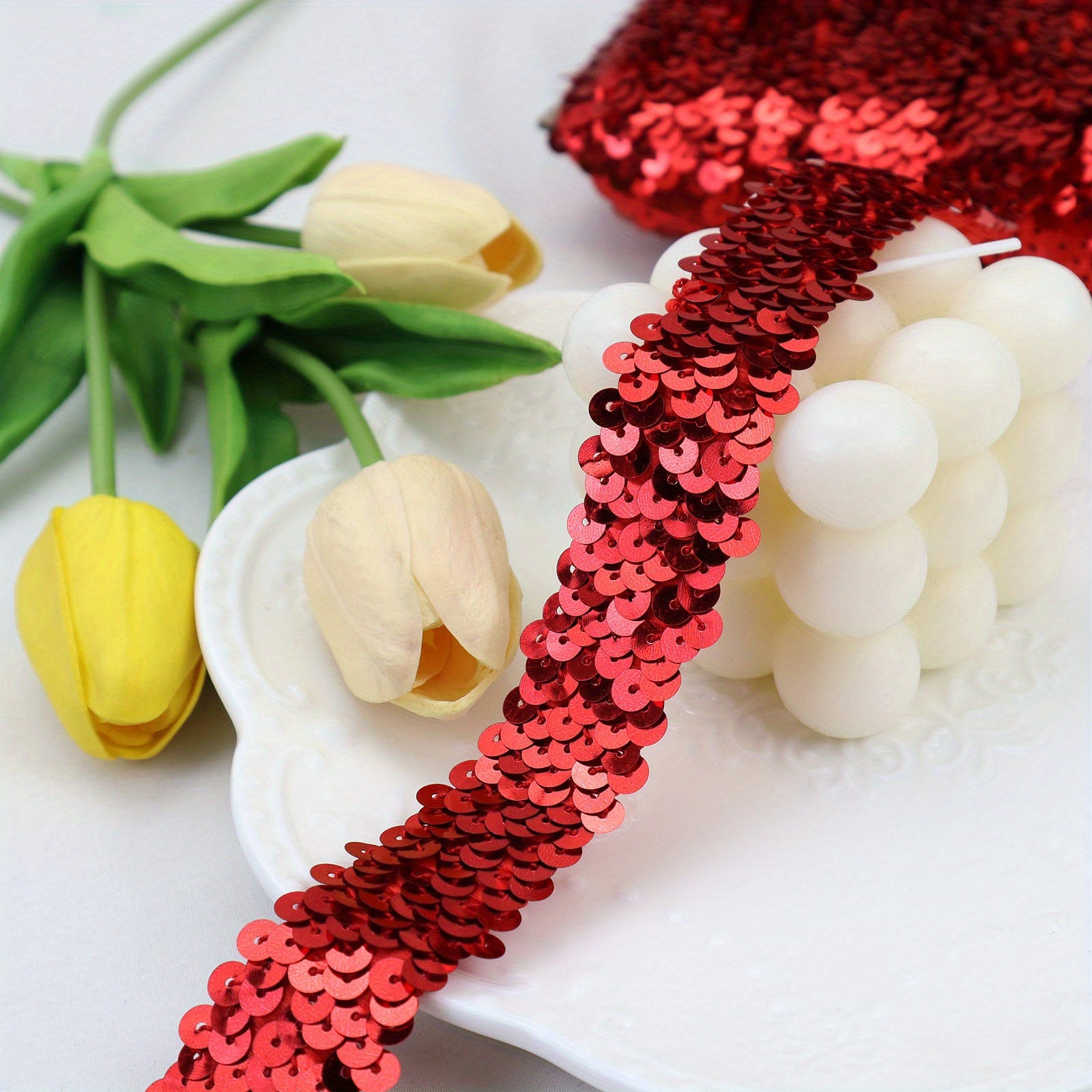 2 Yards Elastic Sequin Lace Ribbon Trim - Glitter Stretch Flat Sequin Trim