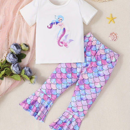 2pcs Toddler Girls Mermaid T Shirt & Pants Set