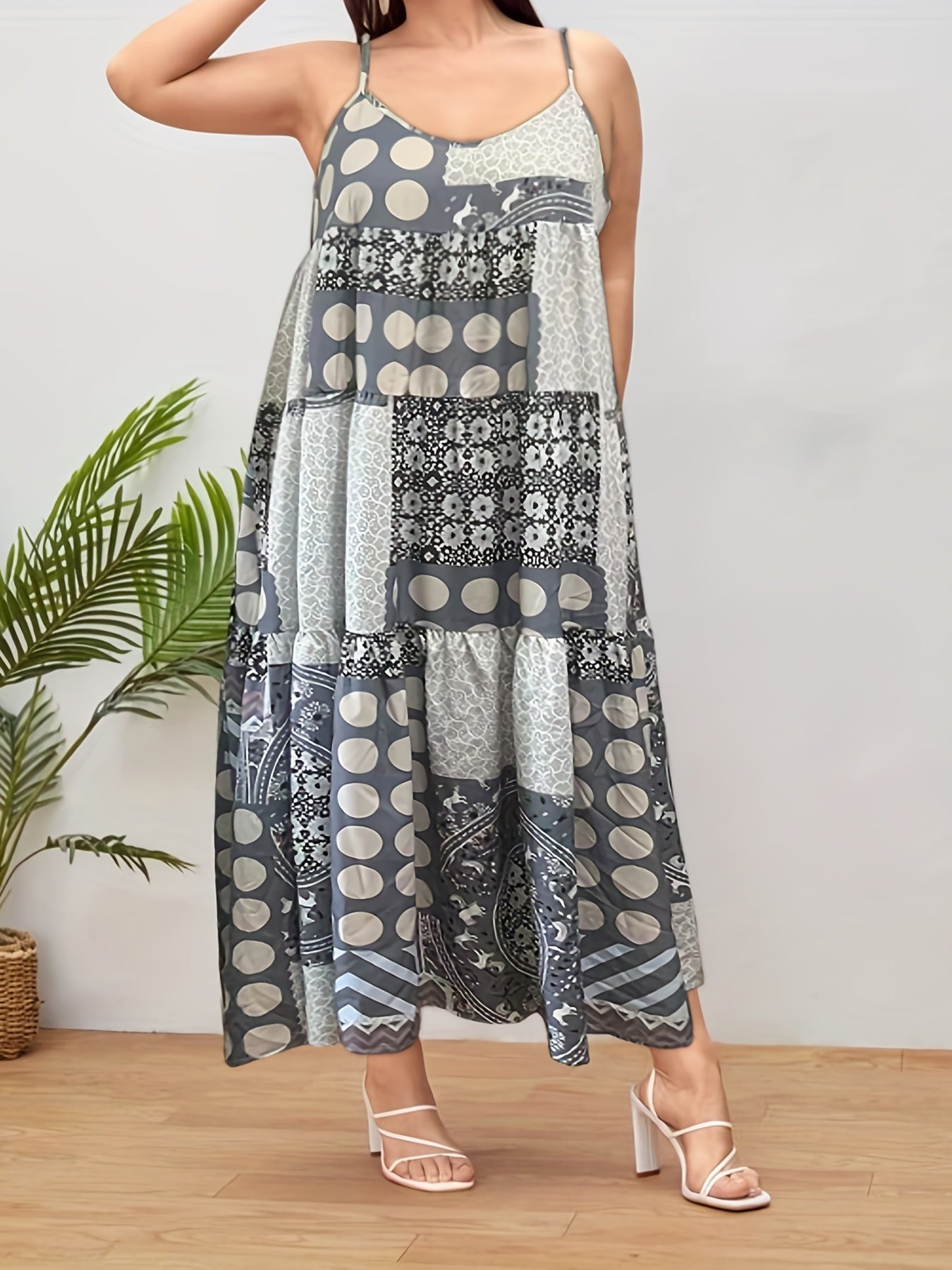 Colorblock Dot & Floral Print Cami Dress