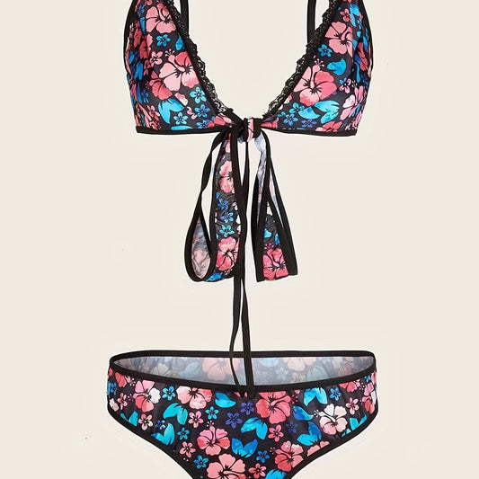 Floral Print Criss Cross Tie Back Bra & Brief 2pcs Set