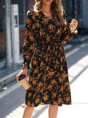 Retro V Neck Ruffle Dress Print Long Sleeve Loose Summer Dresses