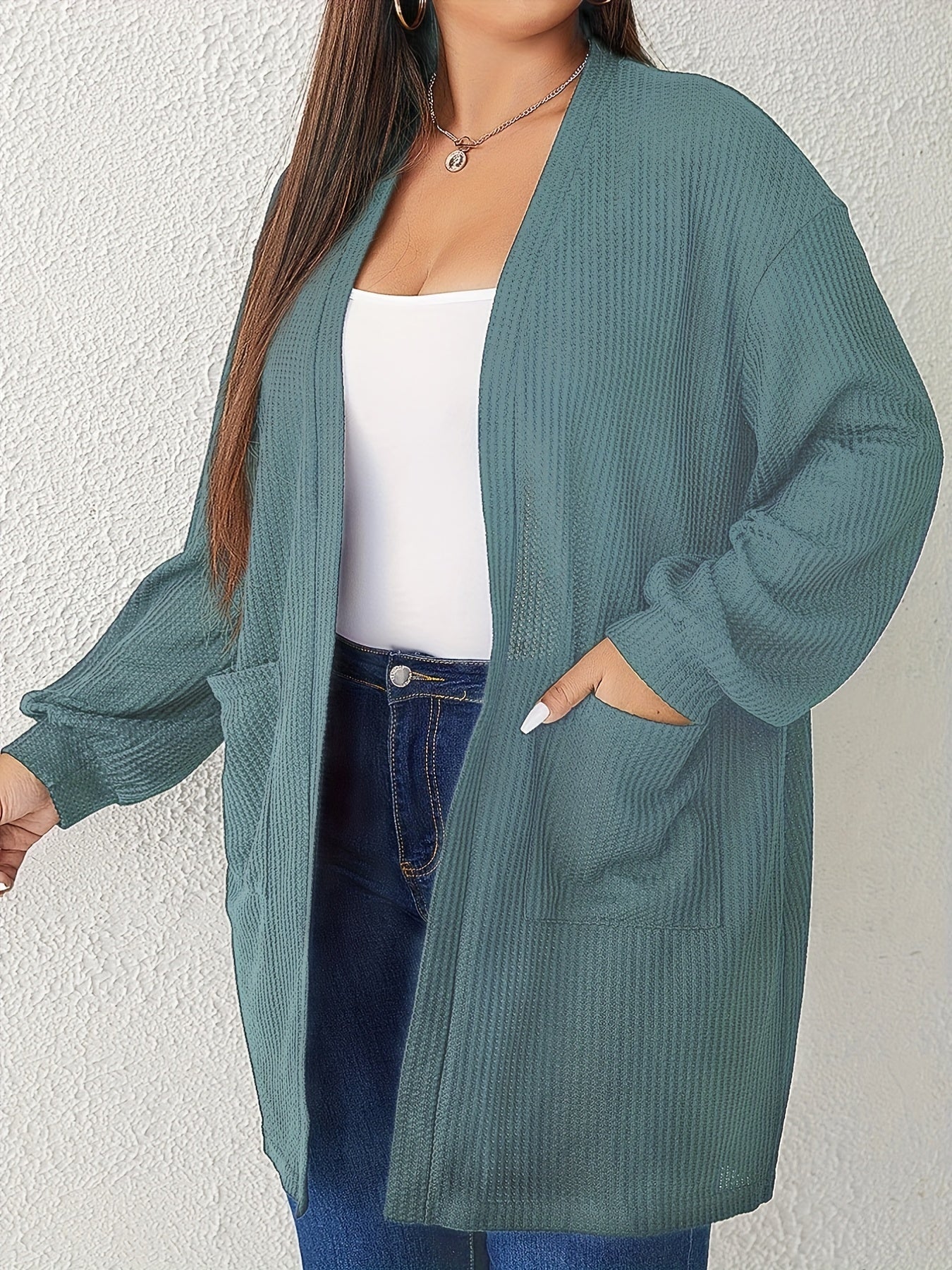 Solid Waffle Pattern Long Sleeve Open Front Cardigan