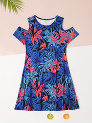 Girls Flower Cold Shoulder Dress Spring Summer Gift