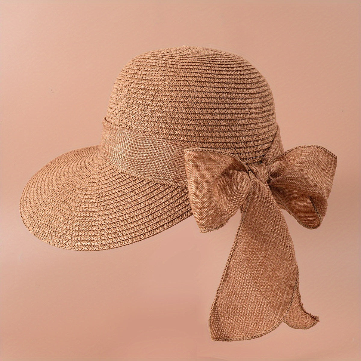 Khaki Ribbon Bowknot Sun Hat Classic Wide Brim UV Protection Straw Hats