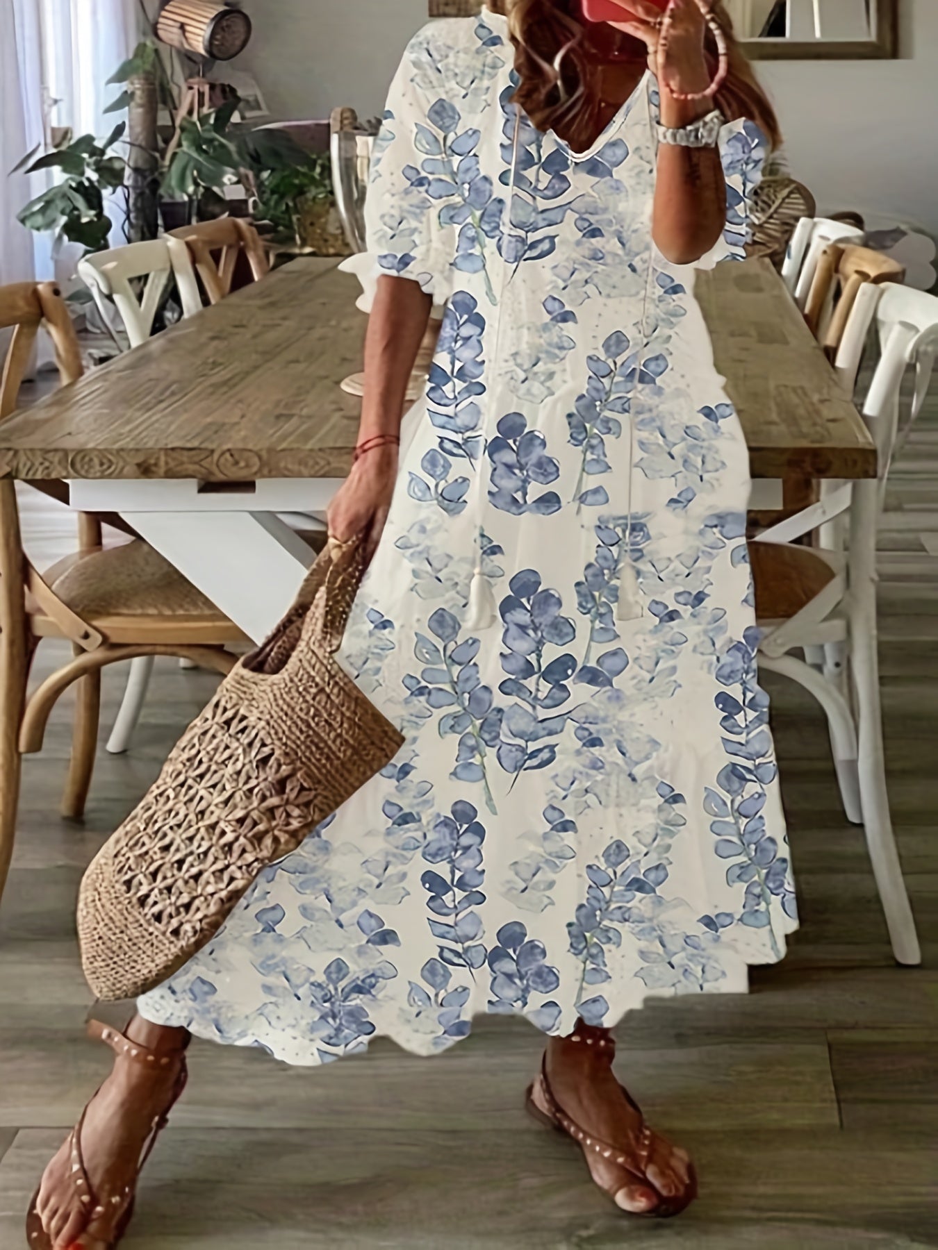 Casual Dress Women's Plus Floral Print Short Sleeve V Neck Dress