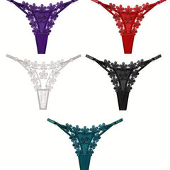 5 Pcs Floral Embroidery Thongs Sexy Sheer Mesh Panties