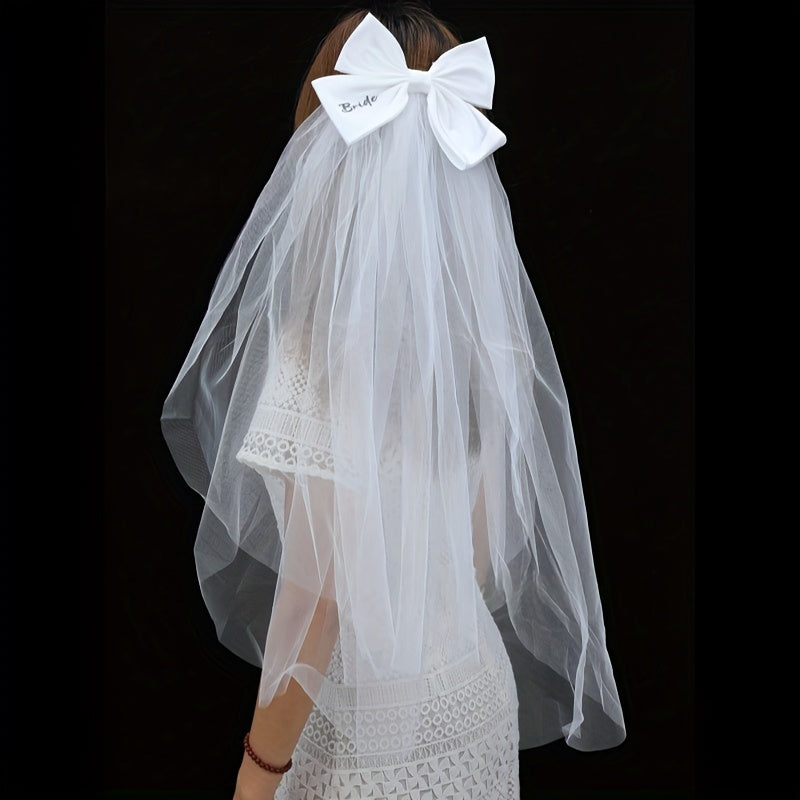 Bridal Veil with Large Bow & Bride Print Polyester Wedding Hair Accessory