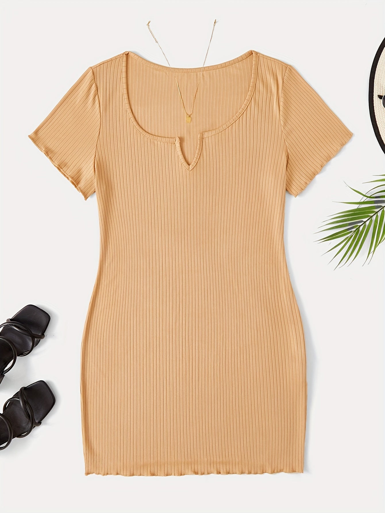 Ribbed Notched Neck Short Sleeve Mini Dress