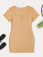 Ribbed Notched Neck Short Sleeve Mini Dress