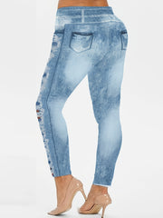 Ripped Denim Print High Rise Stretch Leggings