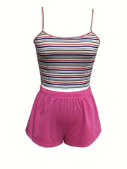 Colorblock Striped Pajama Set Sleeveless Cami Top & Shorts Women's Loungewear