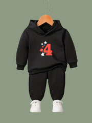 Cartoon Number 4 Hoodie & Pants Set - Girl's Sporty Clothes