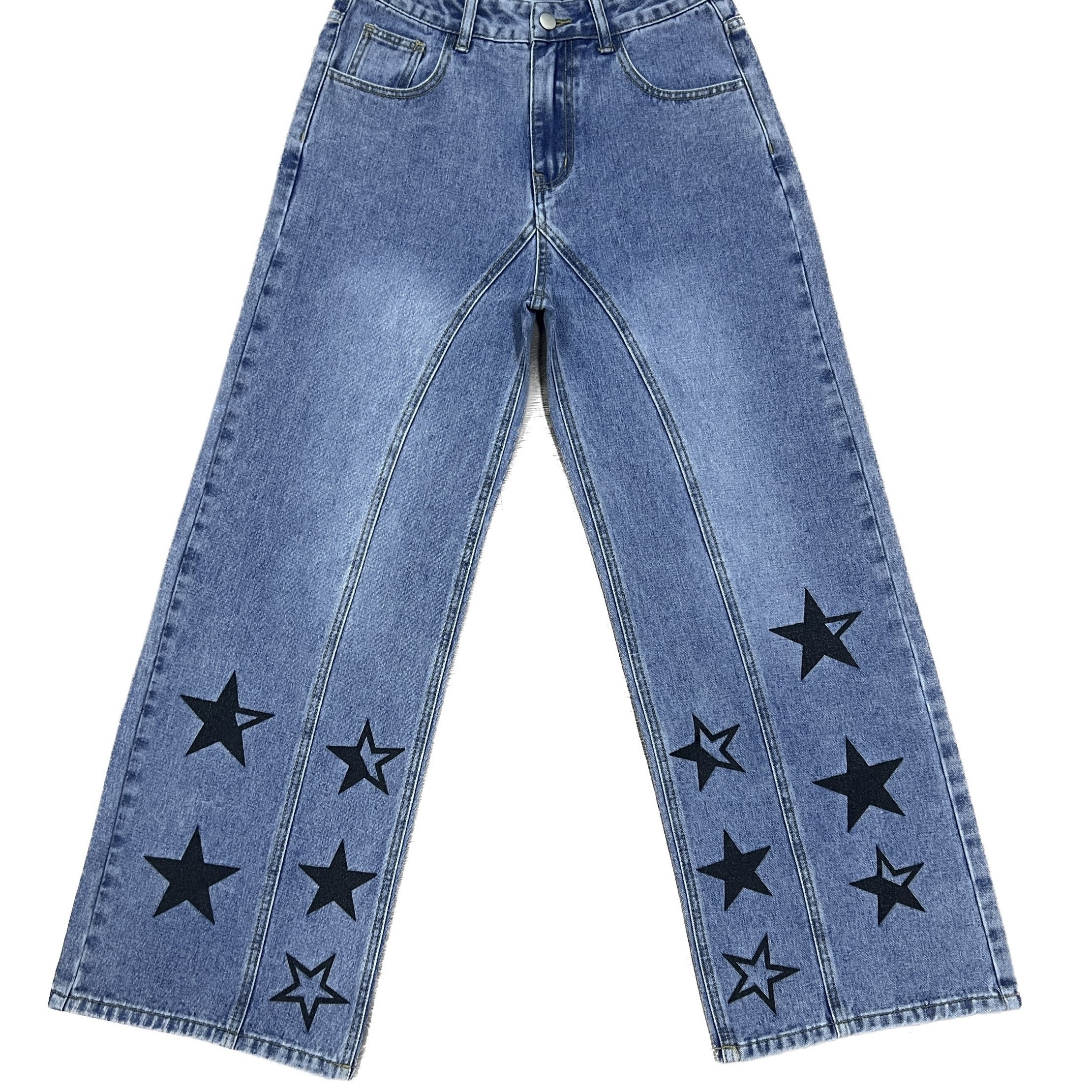 Star Print Wide Leg Pintuck Jeans High Rise