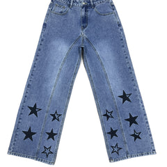 Star Print Wide Leg Pintuck Jeans High Rise