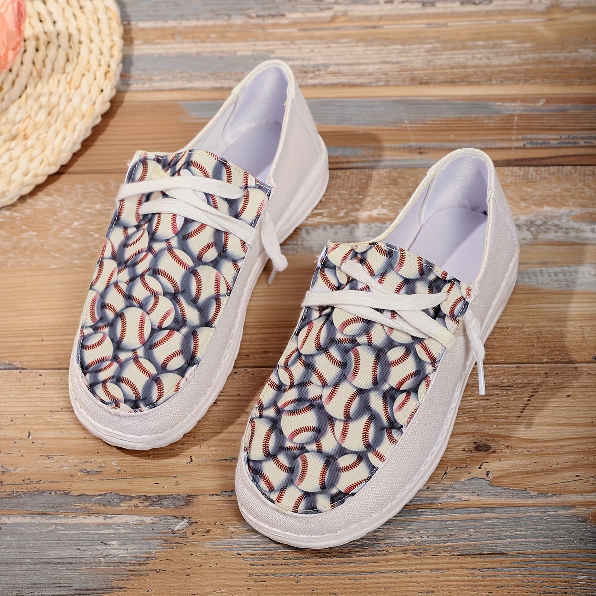 Women's Baseball Pattern Boat Shoes Lightweight Canvas