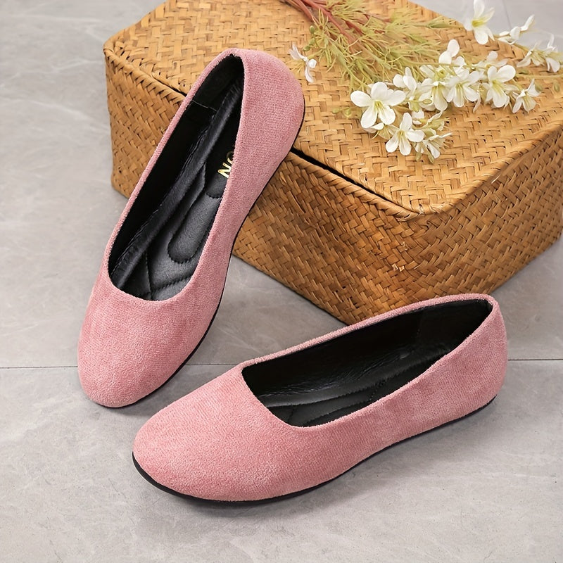 Women's Round Toe Flat Shoes Comfy Solid Micro Suede Casual Slip On Flats