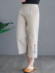 Floral Embroidered Wide Leg Pants High Waist Cropped