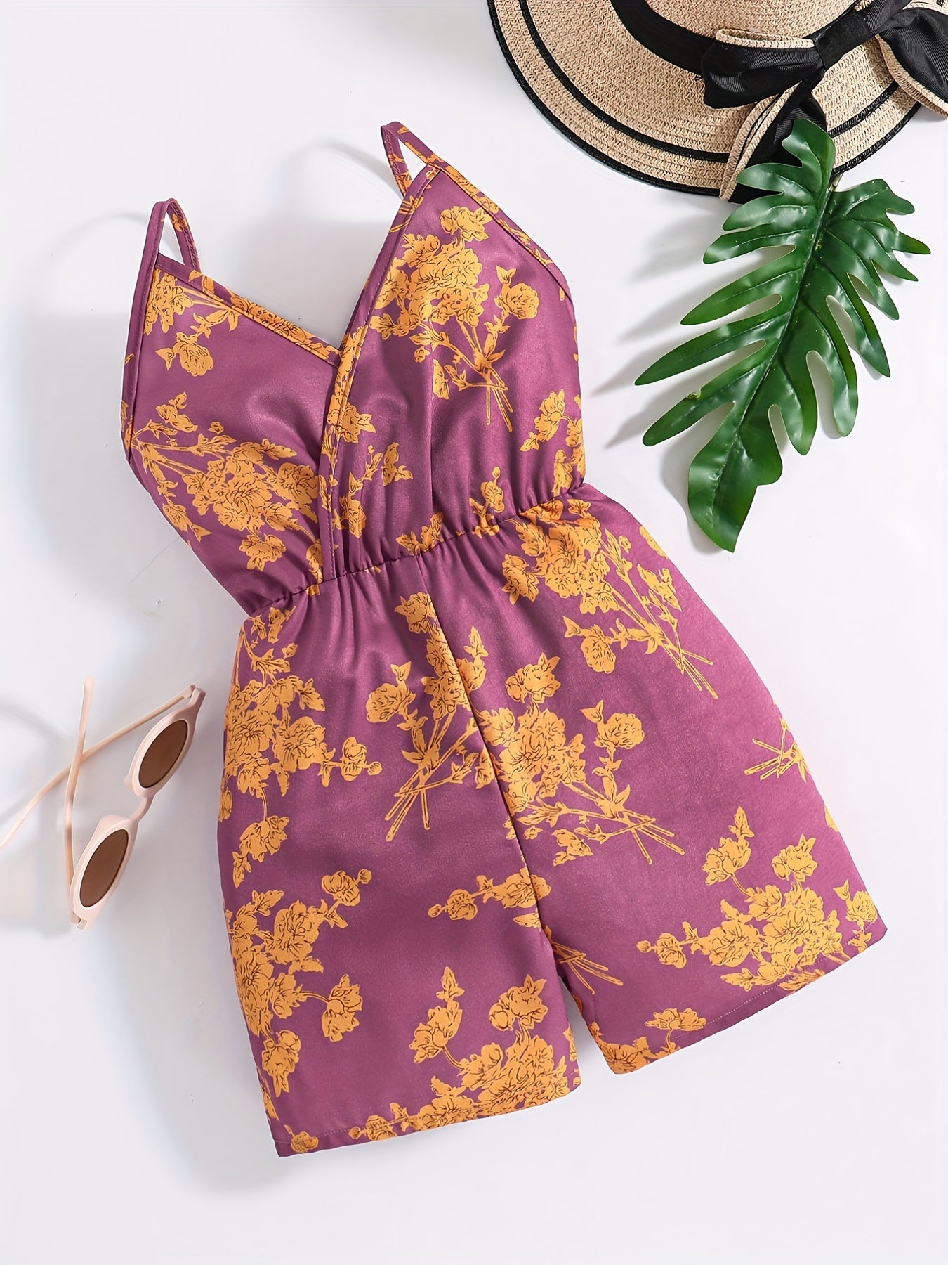 Girls Floral Print Jumpsuit High Waist Wide Leg Cami Romper Kids Summer Clothes