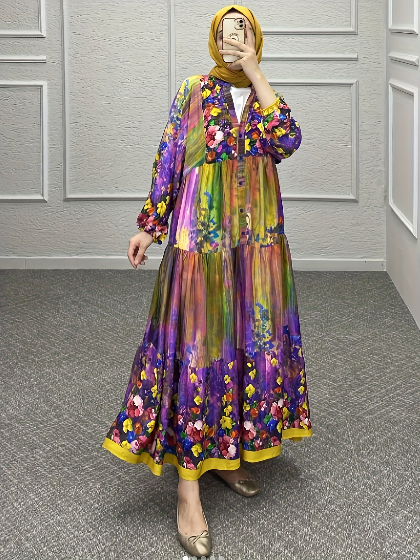 Plus Size Painting Print Maxi Dress Lantern Sleeve Kaftan