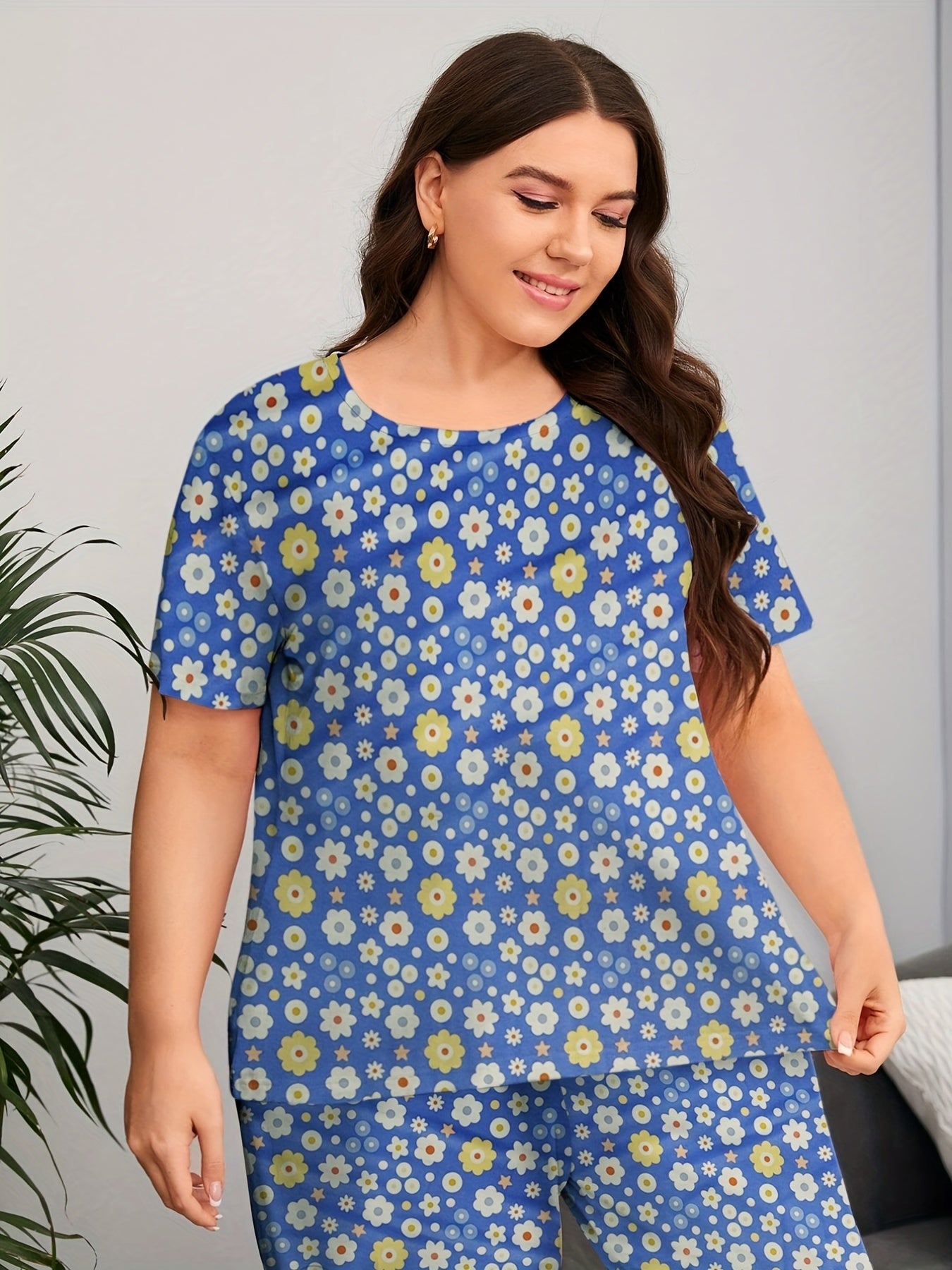 Floral Print Pajama Set Women's Short Sleeve Top & Pants