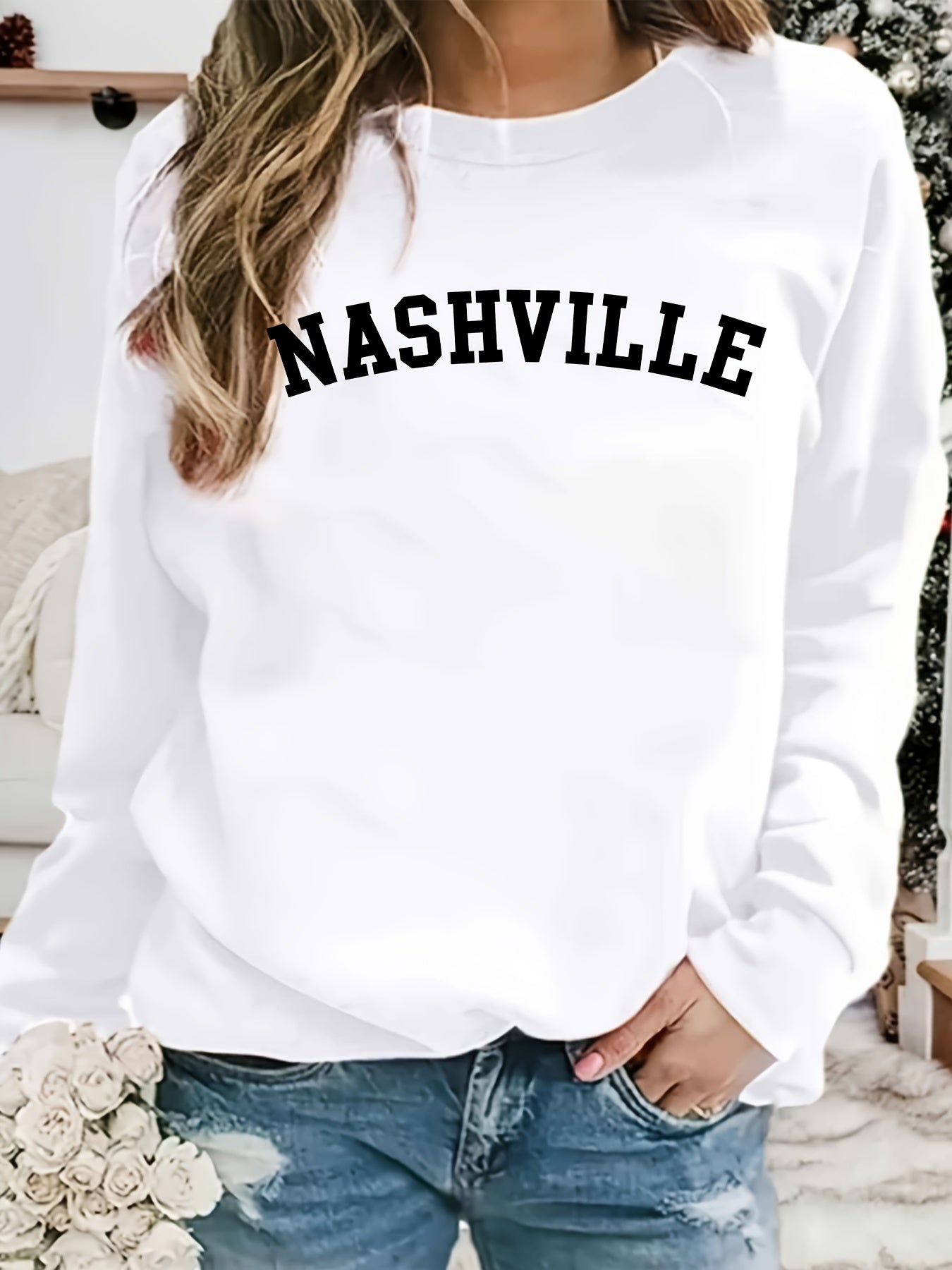 Nashville Print Loose Sweatshirt Crew Neck Women's Clothing