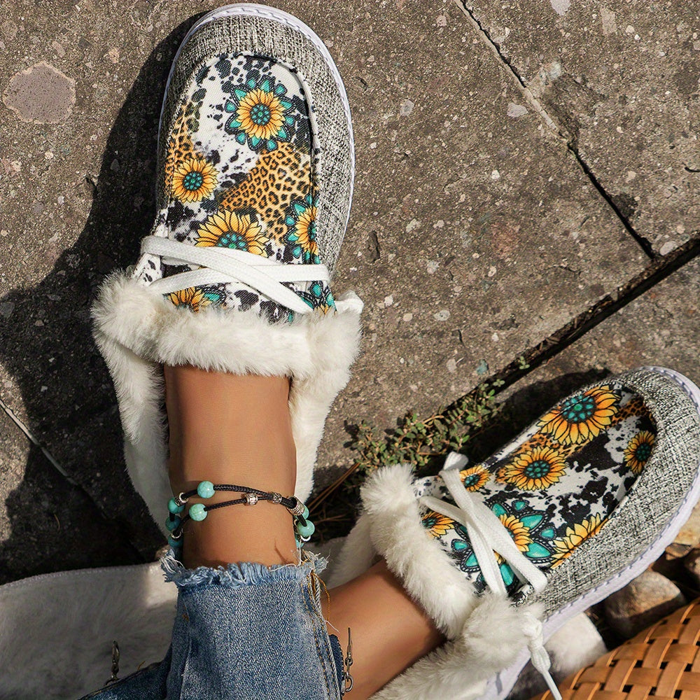 Women's Sunflower Print Fleece Low Top Warm Shoes Lightweight Outdoo