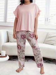 Pajama Set Short Sleeve Tee & Floral Print Pants Two Piece