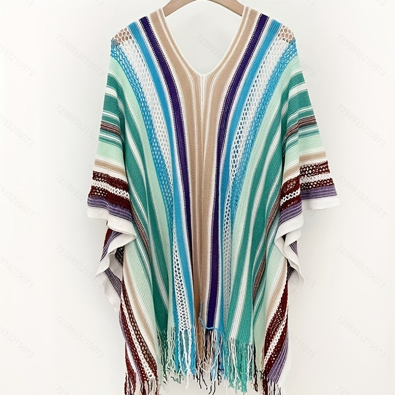 Vintage Hollow Out Stripe Shawl Boho Tassel Wrap Classic Thin Breathable Cardi