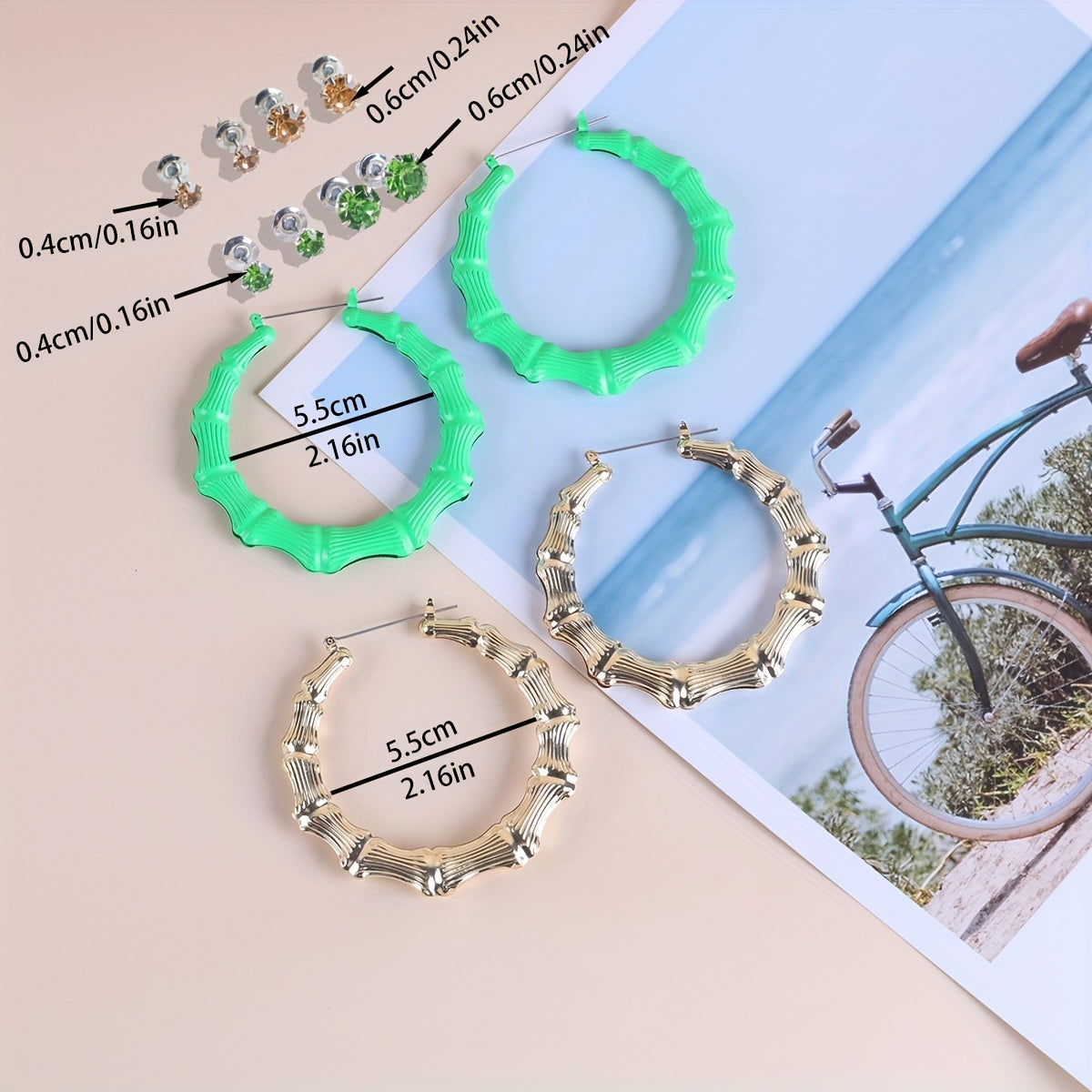 6 Pairs Golden Green Girls Earrings Set Big Hoop Punk