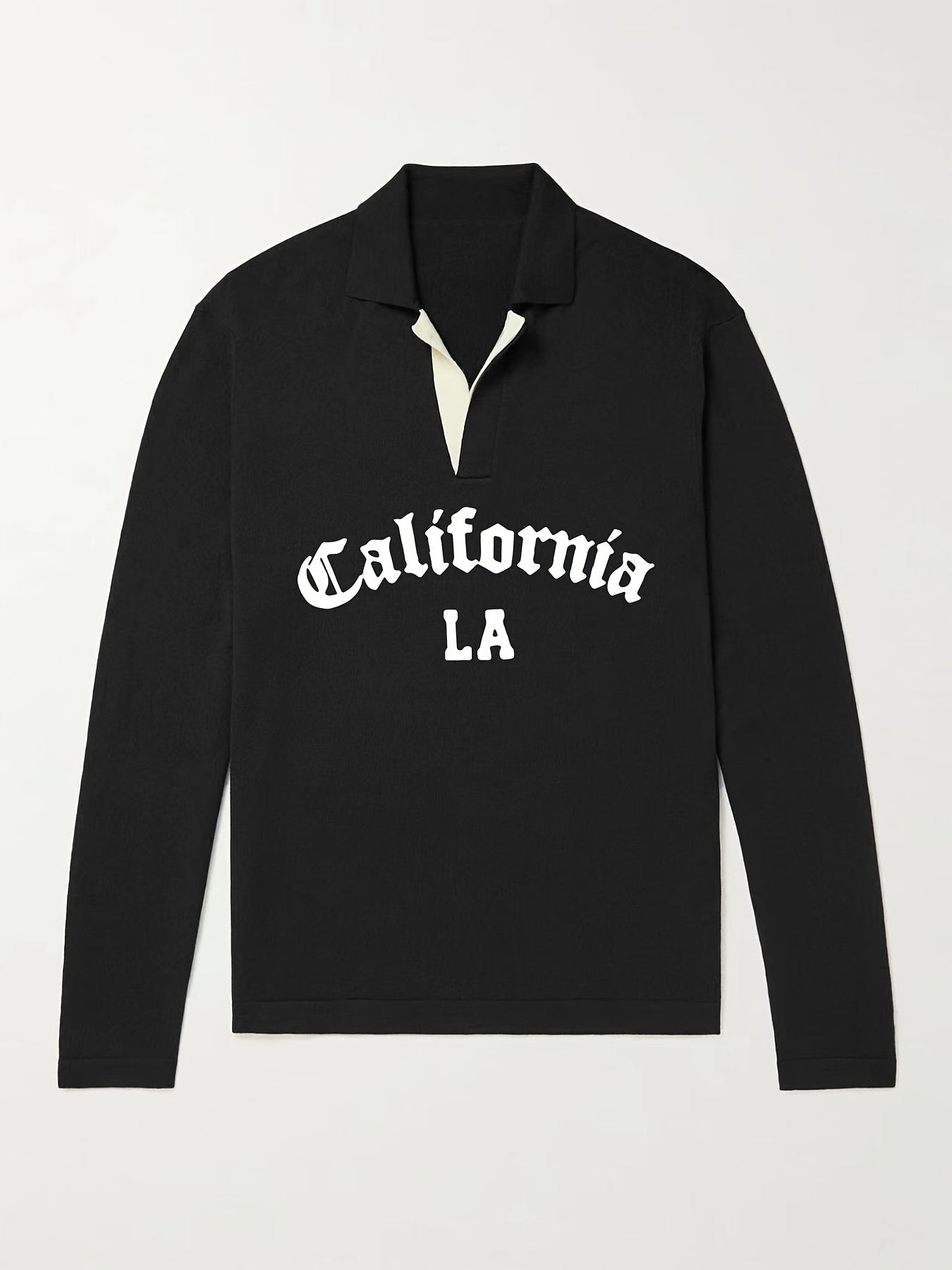 California LA City Print Knit Polo Shirt Men's Stretch V Neck Sweater